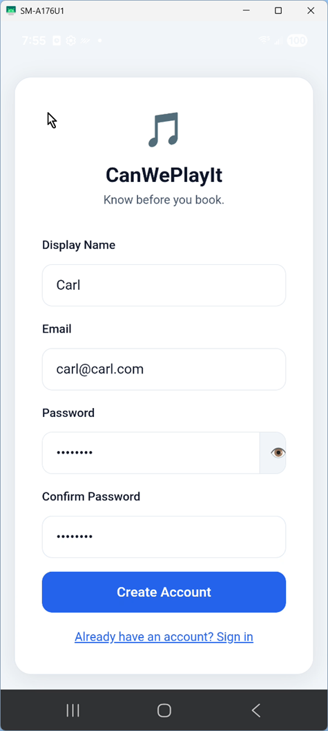 Create account verification code screen