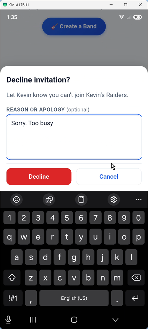 Decline invitation with optional reason